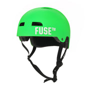 Matt neon green FUSE ALPHA HELMET with high impact ABS shell, EPS foam, quick release strap, and deep fitting design for comfort and protection