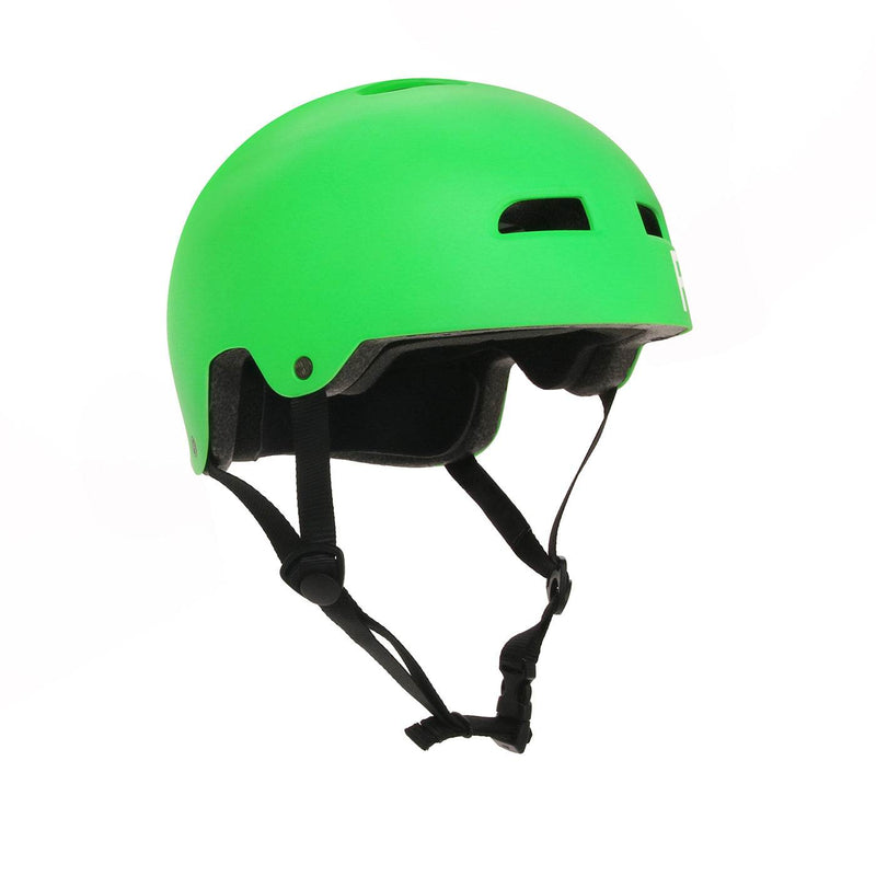 Matt neon green FUSE Alpha helmet with high impact ABS shell and EPS foam, quick release strap, and optional foam padding for custom fit