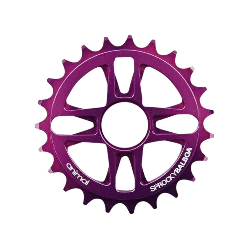 Purple ANIMAL SAMMON SPROCKET made from 7075 aluminum with a unique spindle spacer system preventing crank arm damage