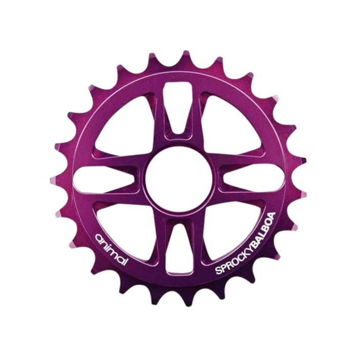 Purple ANIMAL SAMMON SPROCKET made from 7075 aluminum with a unique spindle spacer system preventing crank arm damage