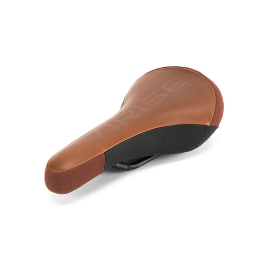 Brown leather ARISE SENSOR RAIL SEAT with durable Kevlar, silicone grip, and hollow 8mm crmo rails for MTB freeride biking.