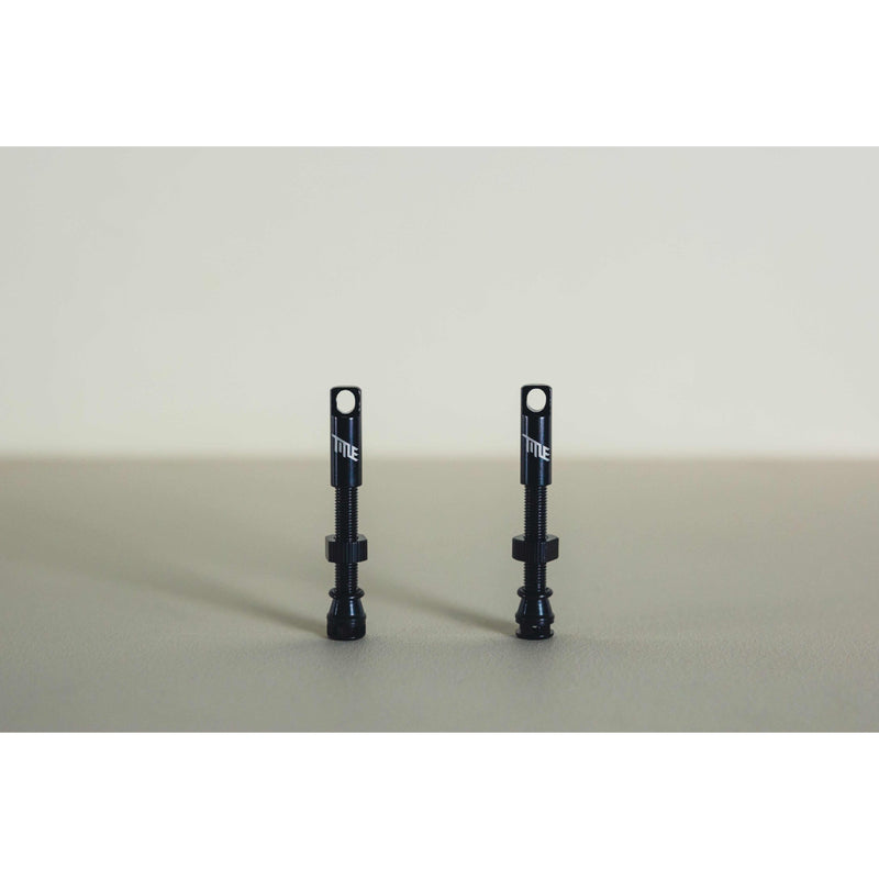 Pair of black MTB tubeless presta valves with double air duct and metal caps on neutral background