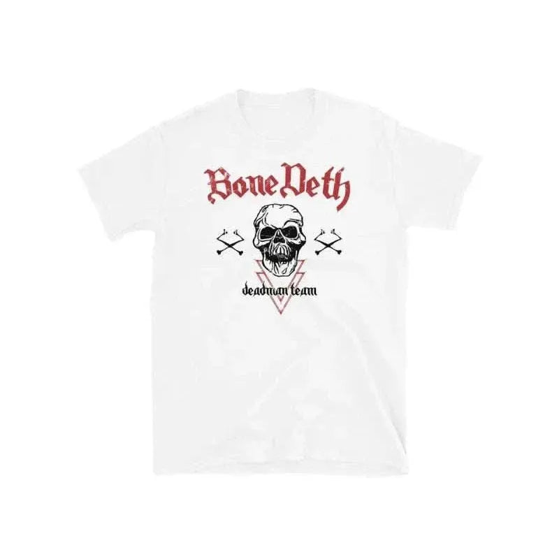White Bone Deth "Team Vintage" T-Shirt with red and black skull screen print, 100% cotton, normal fit