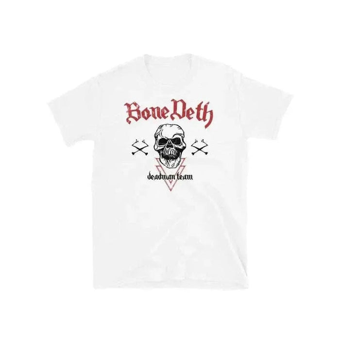 White Bone Deth "Team Vintage" T-Shirt with red and black skull screen print, 100% cotton, normal fit