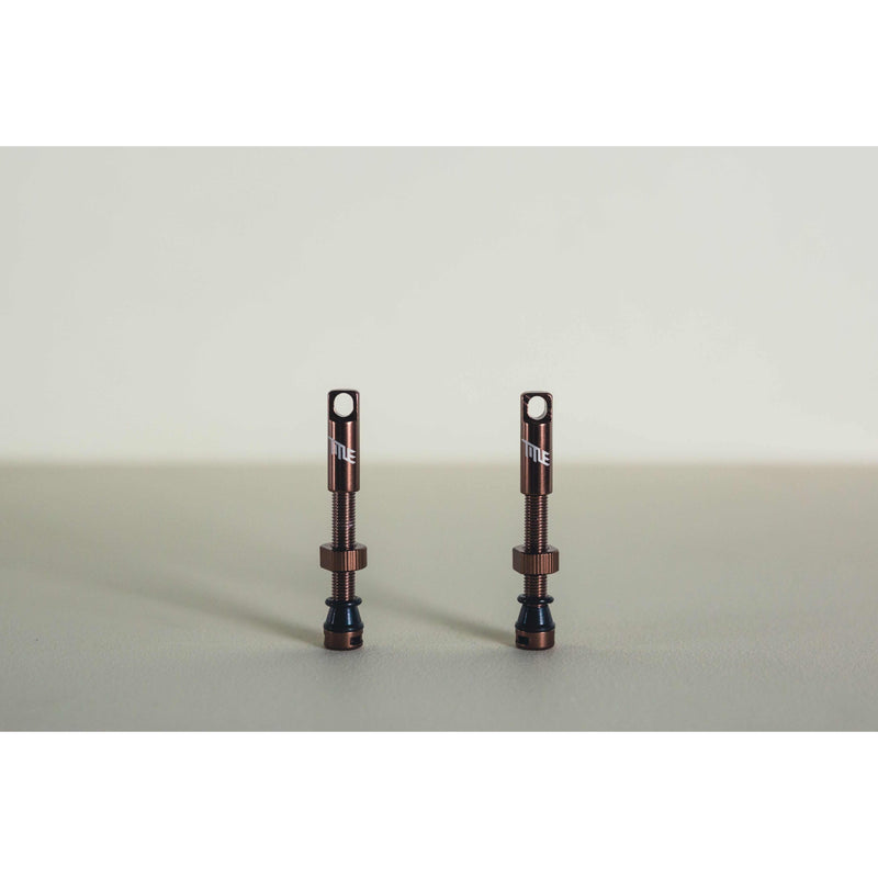 Set of two MTB tubeless presta valves with double air duct and metal caps, 44mm length