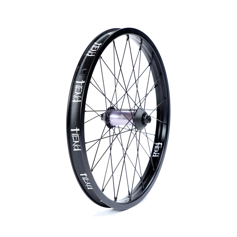Black Fiend Cab front wheel with 36h 6061 aluminum rim, 14g spokes, and nylon hub guards
