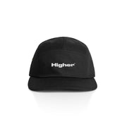 Black AS Colour five-panel cap with embroidered Higher logo on front and adjustable plastic fastener