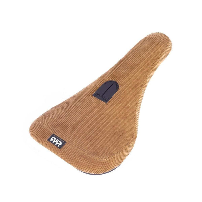 CULT corduroy bike seat in tan brown with textured fabric and branded logo patches