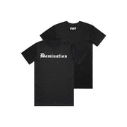 Black Cult Domination T-shirt with white gothic text on front and small logo on back.