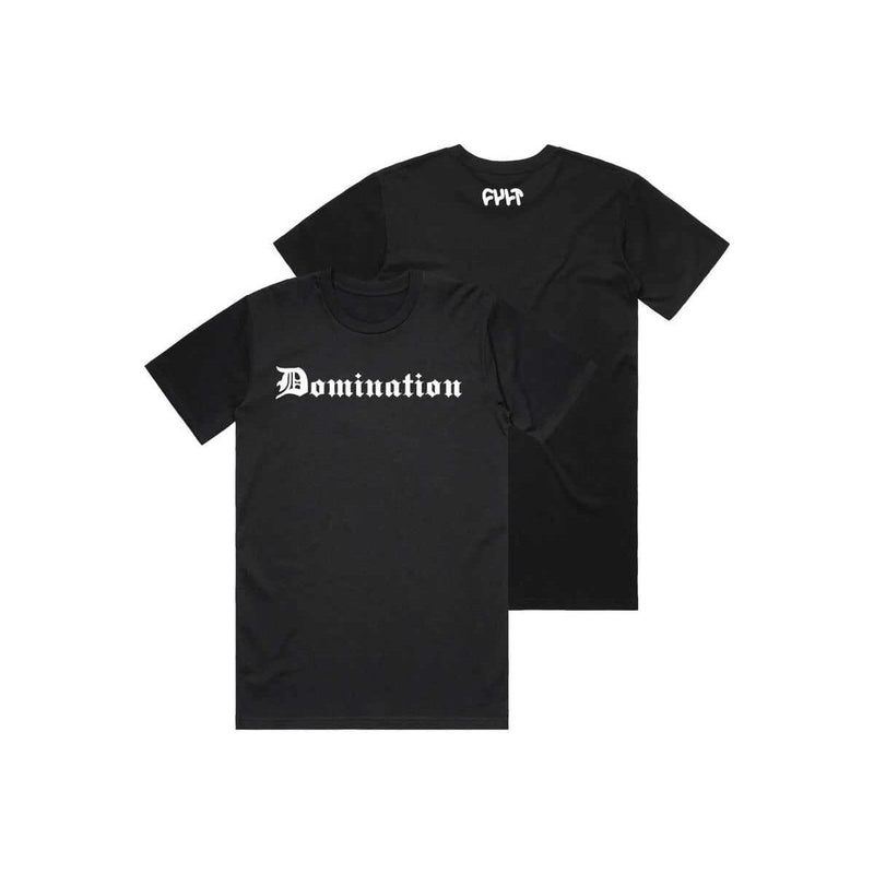 Black Cult Domination T-shirt with white gothic text on front and small logo on back.