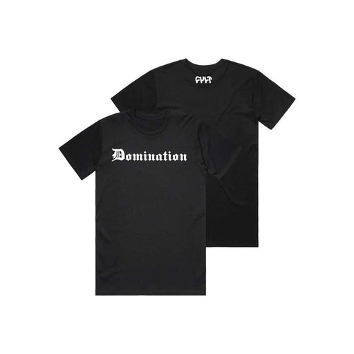 Black Cult Domination T-shirt with white gothic text on front and small logo on back.