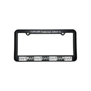 CULT Drop In License Plate Frame in black with "TURN OFF TUNE OUT DROP IN" text and drop-in design for easy installation