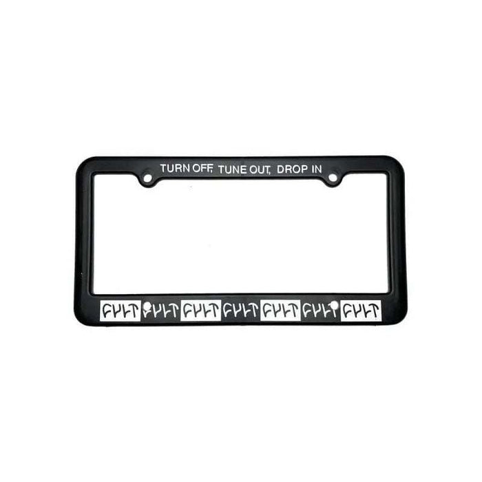 CULT Drop In License Plate Frame in black with "TURN OFF TUNE OUT DROP IN" text and drop-in design for easy installation