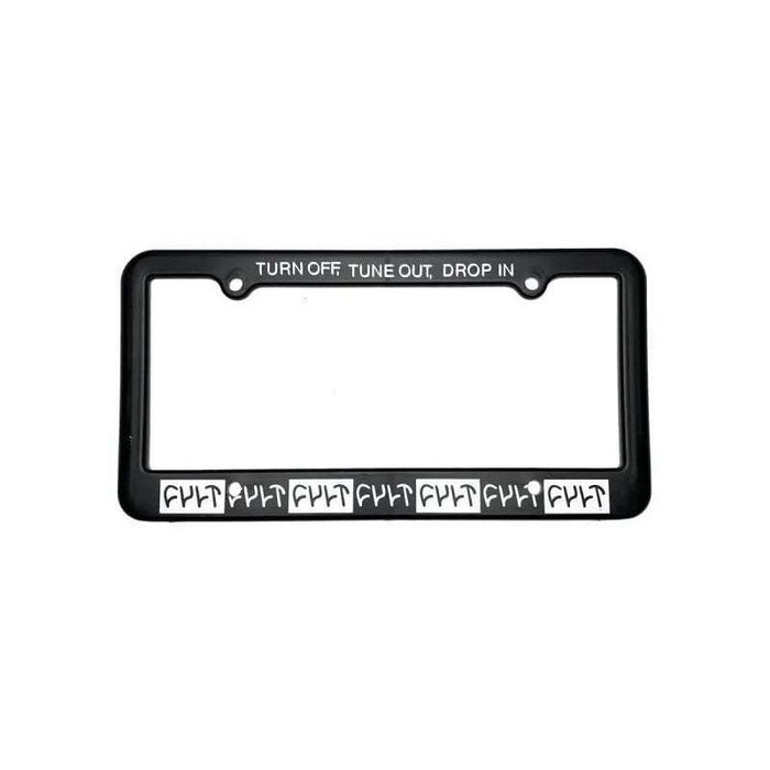 Black Cult Drop In License Plate Frame with "TURN OFF, TUNE OUT, DROP IN" text on top and Cult logos on bottom