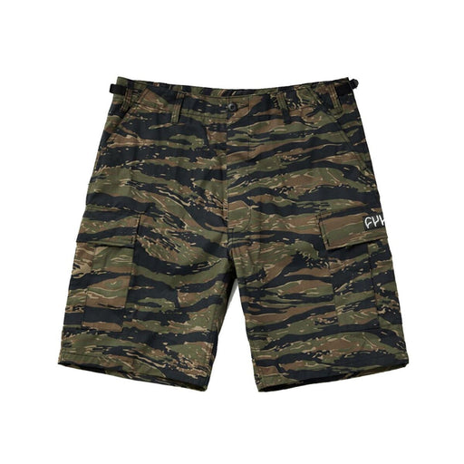 CULT military shorts in green and black camouflage pattern with cargo pockets