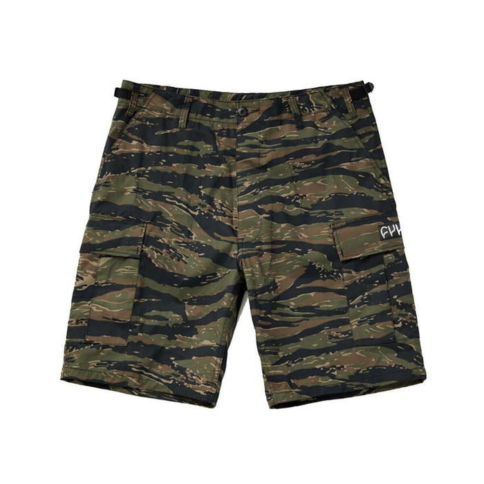CULT military shorts in green and black camouflage pattern with cargo pockets