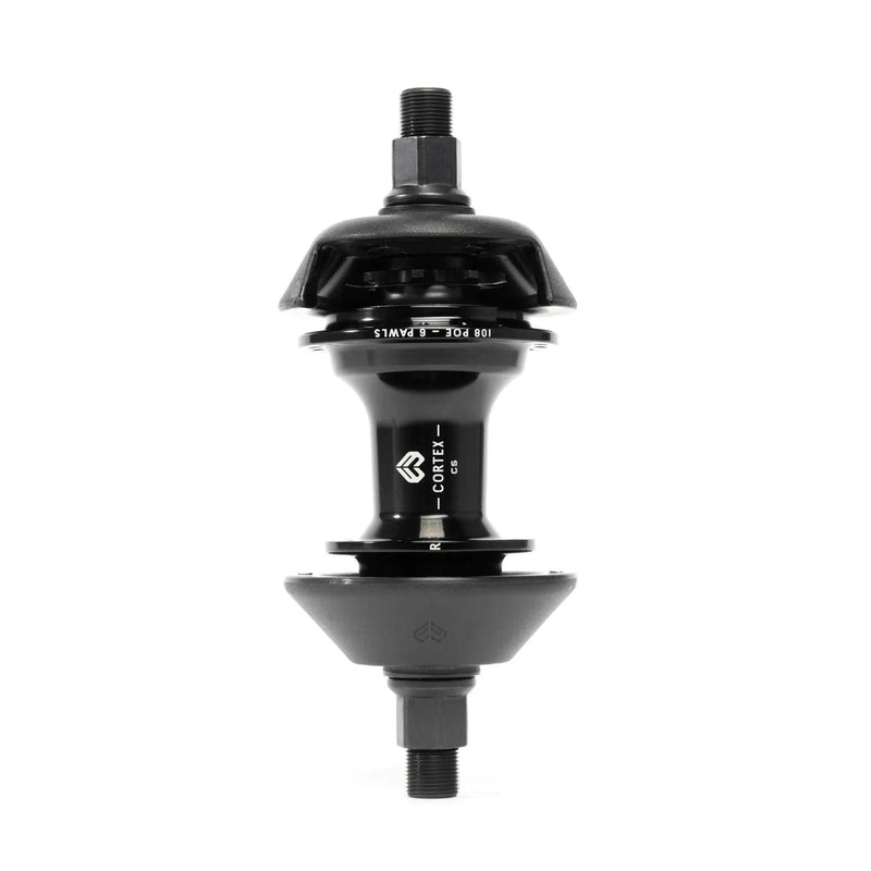 Black ÉCLAT CORTEX EVO CS rear hub with 108 POE 6-pawl internal mechanism for street bikes.