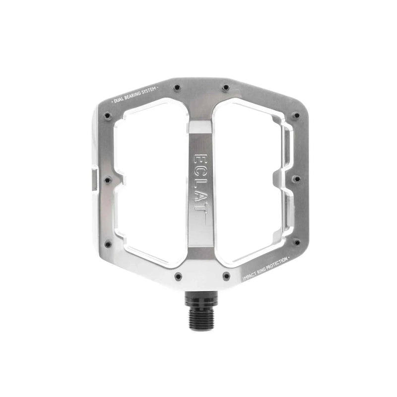 ÉCLAT SURGE XL Pedal oversized CNC alloy platform with dual bearing system and impact ring technology in polished silver finish