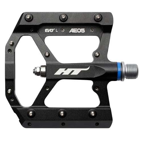 HT COMPONENTS AE05 EVO+ flat bike pedal with aluminum body, adjustable pins, and lightweight design
