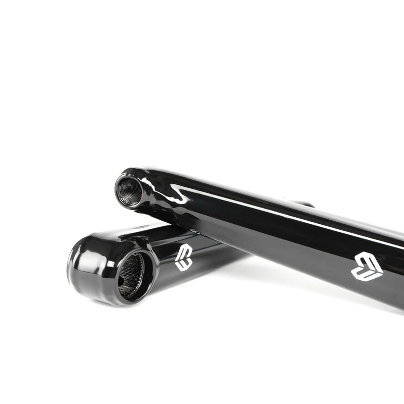 ÉCLAT TIBIA XLT CRANKSET, lightweight BMX crankset with glossy black finish, ultra-hollow spindle, 7075-T6 alloy bolts.