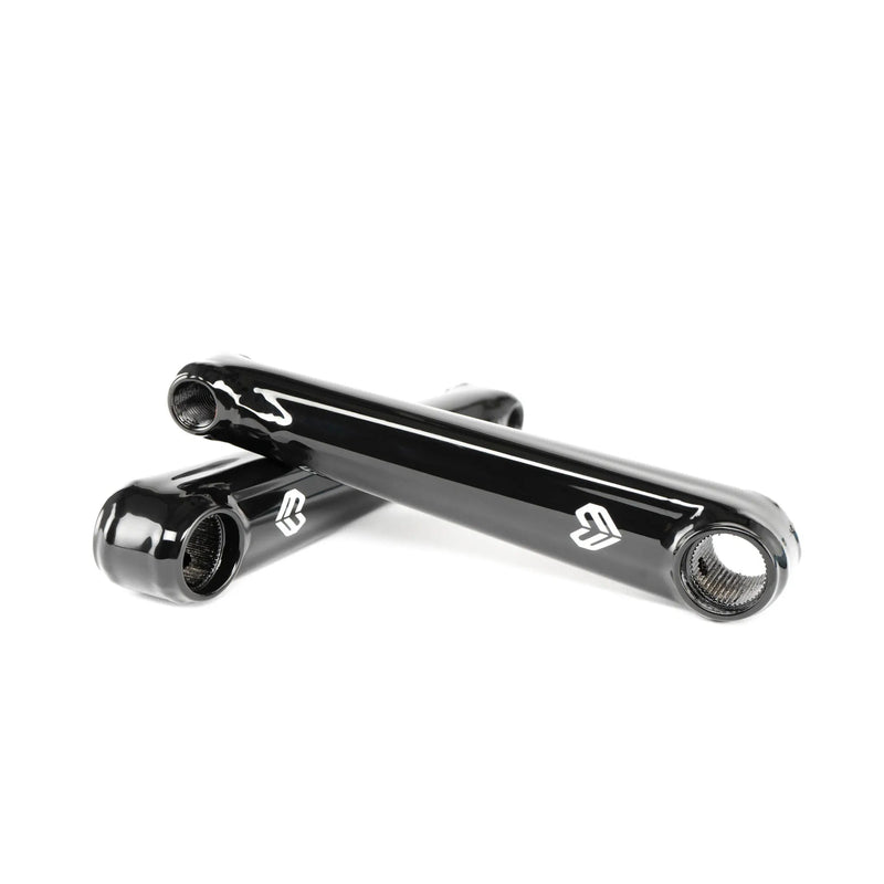 ÉCLAT TIBIA XLT CRANKSET in glossy black, lightweight BMX cranks with 3-piece design and 7075-T6 alloy bolts.