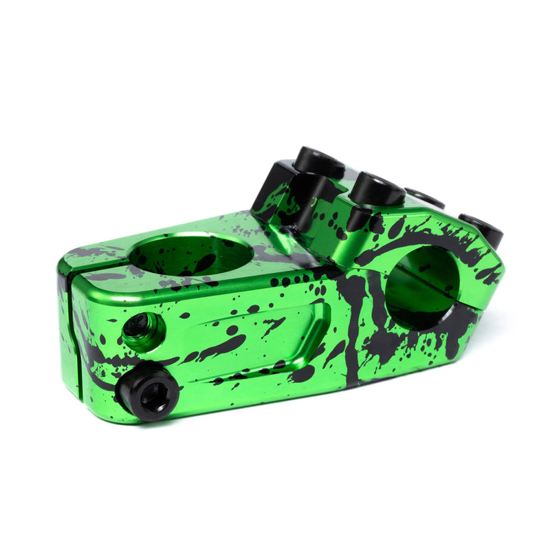 ÉCLAT BURNS V2 TOP LOAD STEM in green with black splatter, designed by Sean Burns for strength, CNC machined 6061-T6 alloy, unique offset rear.