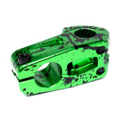 ÉCLAT BURNS V2 TOP LOAD STEM, CNC machined 6061-T6 alloy, green with black splatter design, BMX bike component.