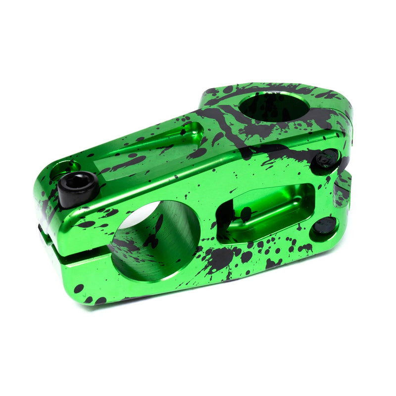 ÉCLAT BURNS V2 TOP LOAD STEM, CNC machined 6061-T6 alloy, green with black splatter design, BMX bike component.