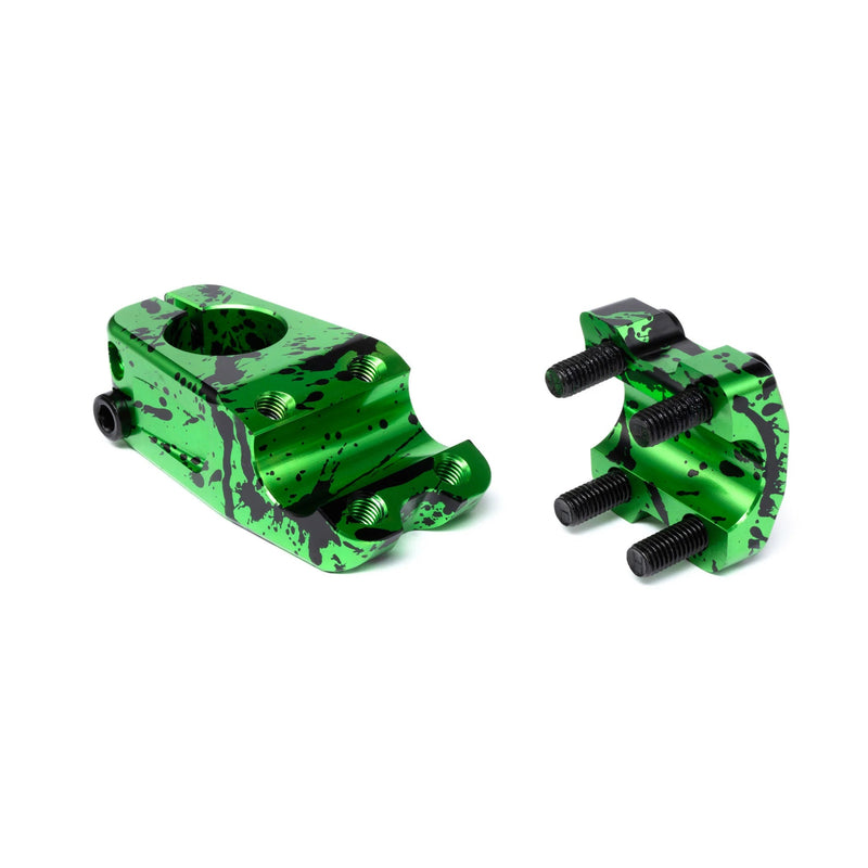 ÉCLAT BURNS V2 TOP LOAD STEM in green with black splatter, CNC machined 6061-T6 alloy, unique offset rear, 50mm reach, 23mm rise.
