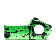 Green ÉCLAT BURNS V2 Top Load Stem with black splatter design, CNC machined 6061-T6 alloy, offset rear for enhanced clamping.