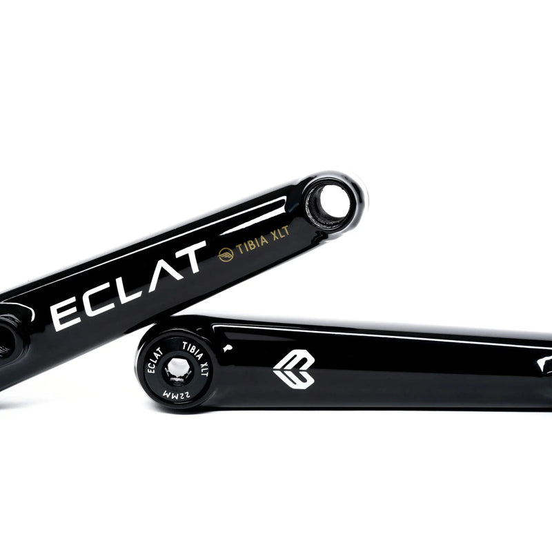 ÉCLAT TIBIA XLT CRANKSET in glossy black, lightweight BMX crank with ultra-hollow spindle and ankle-friendly design.