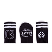 ÉCLAT 08 SOCKS in black with white stripes and designs, made of high-quality combed cotton, one size fits all.