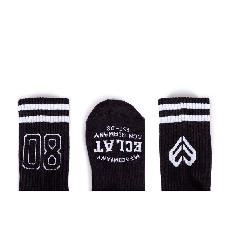 ÉCLAT 08 SOCKS in black with white stripes and designs, made of high-quality combed cotton, one size fits all.
