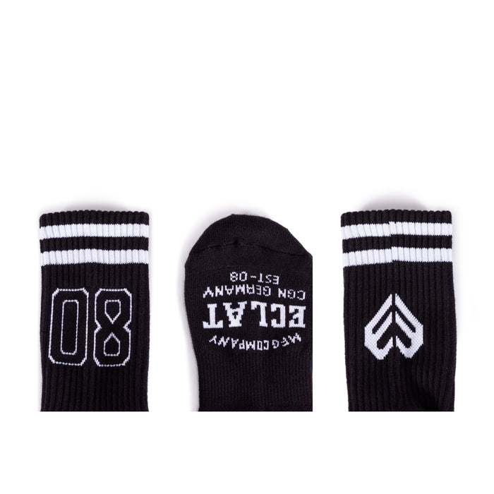 ÉCLAT 08 SOCKS in black with white stripes and designs, made of high-quality combed cotton, one size fits all.