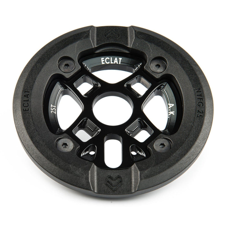 ÉCLAT AK GUARD black alloy BMX sprocket with integrated nylon guard for durable grinding and chain alignment.