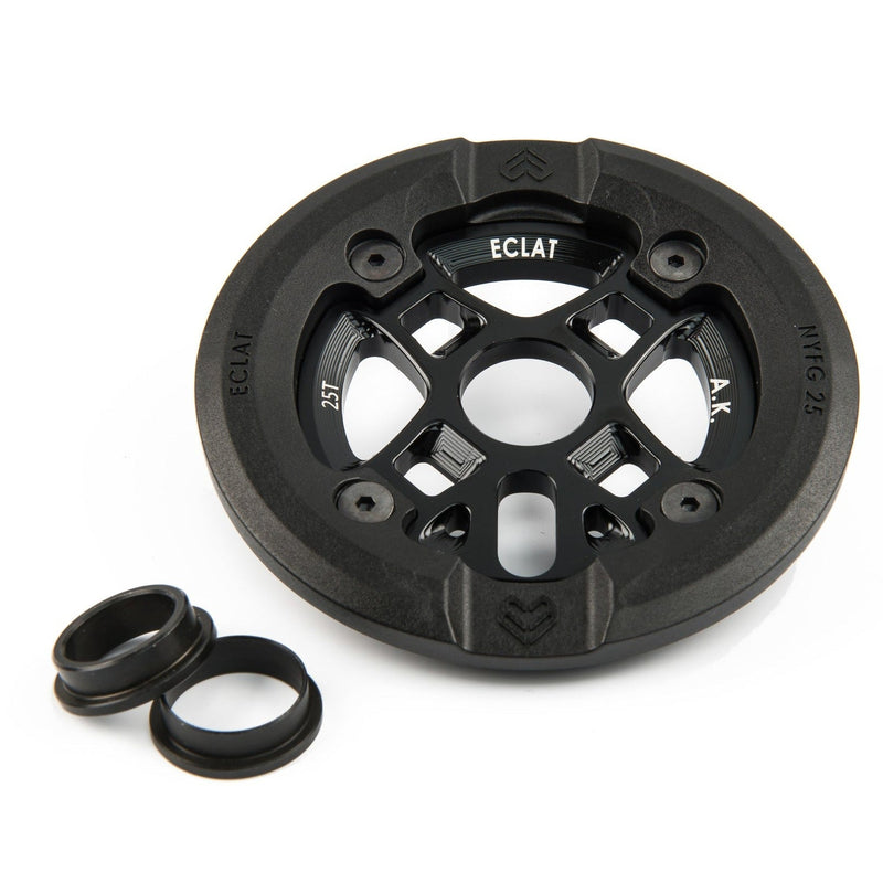 ÉCLAT AK Guard Sprocket with integrated nylon guard, durable 6061-T6 alloy, and replaceable guard, shown with adapters for multiple spindle sizes.