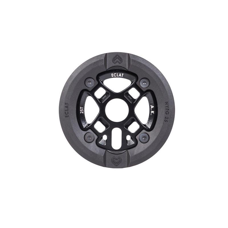 ÉCLAT AK Guard Sprocket with integrated nylon guard for enhanced grinding, 6061-T6 alloy, 25t size.