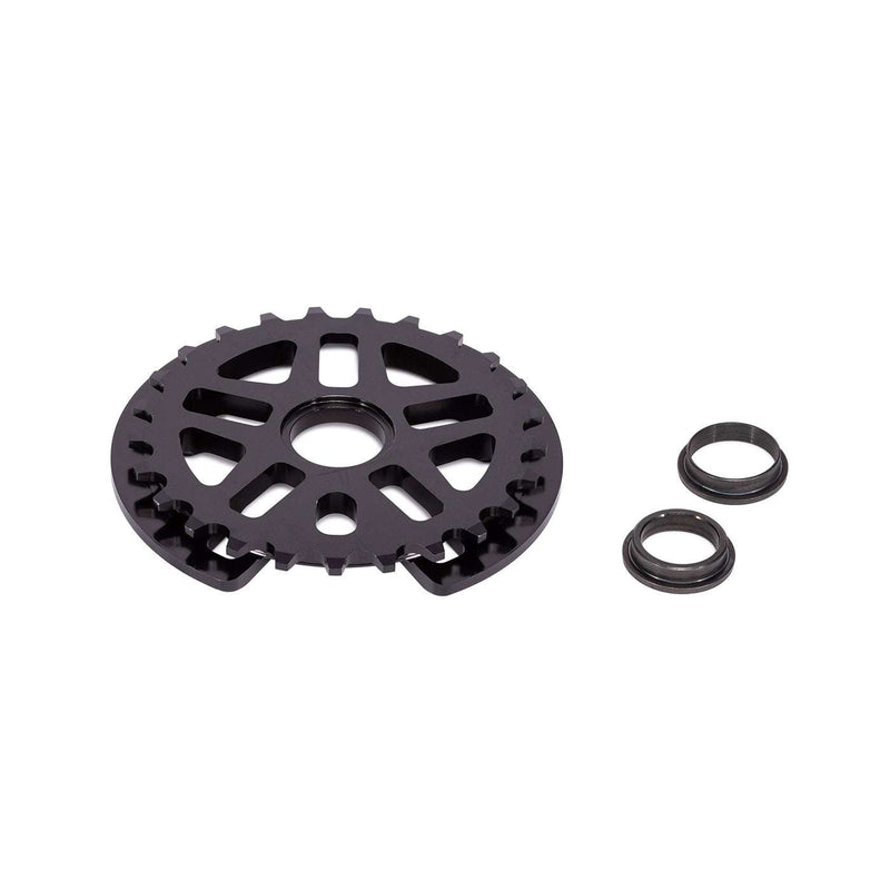ÉCLAT ABYSS GUARD SPROCKET black 5-spoke CNC machined 7075-T6 alloy sprocket with adapters for 19mm, 22mm, and 24mm spindles