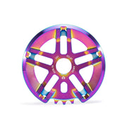 ÉCLAT ABYSS GUARD SPROCKET rainbow anodized 28t CNC machined 7075-T6 alloy bike sprocket with five-spoke design and weight-saving cutouts
