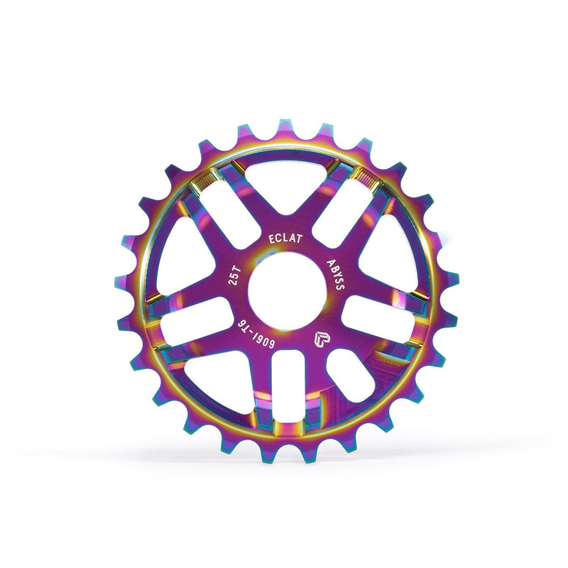 ÉCLAT ABYSS SPROCKET 25T rainbow CNC machined 6061-T6 alloy BMX sprocket with strengthened arms and offset teeth for perfect chain alignment