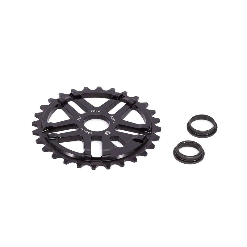 Black Éclat Abyss Sprocket with adaptors, CNC machined 6061-T6 alloy, 25 or 28 teeth, lightweight and durable bike sprocket