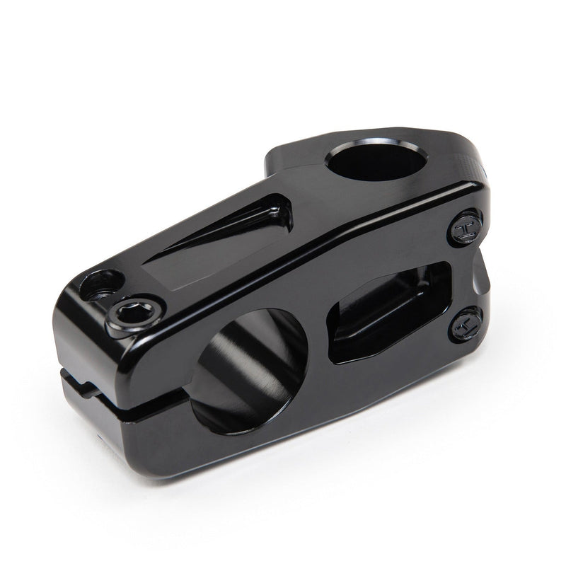 ÉCLAT BURNS V2 top load stem in black, CNC machined 6061-T6 alloy, designed for strength and versatility in BMX riding.