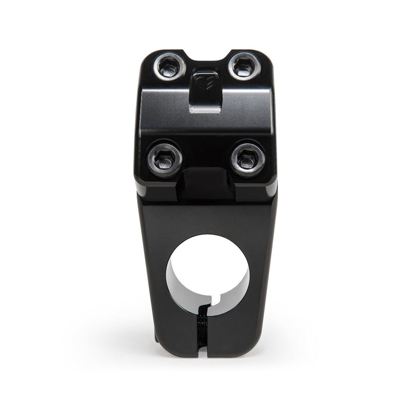 ÉCLAT BURNS V2 TOP LOAD STEM, CNC machined 6061-T6 alloy, black finish, front view showing bolts and clamping area.