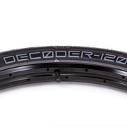 ÉCLAT Decoder Tire street BMX tire with low profile tread, micro knurling, and grind-resistant sidewall on black rim
