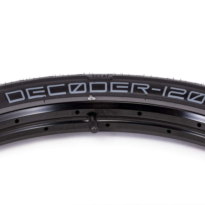 ÉCLAT Decoder Tire street BMX tire with low profile tread, micro knurling, and grind-resistant sidewall on black rim