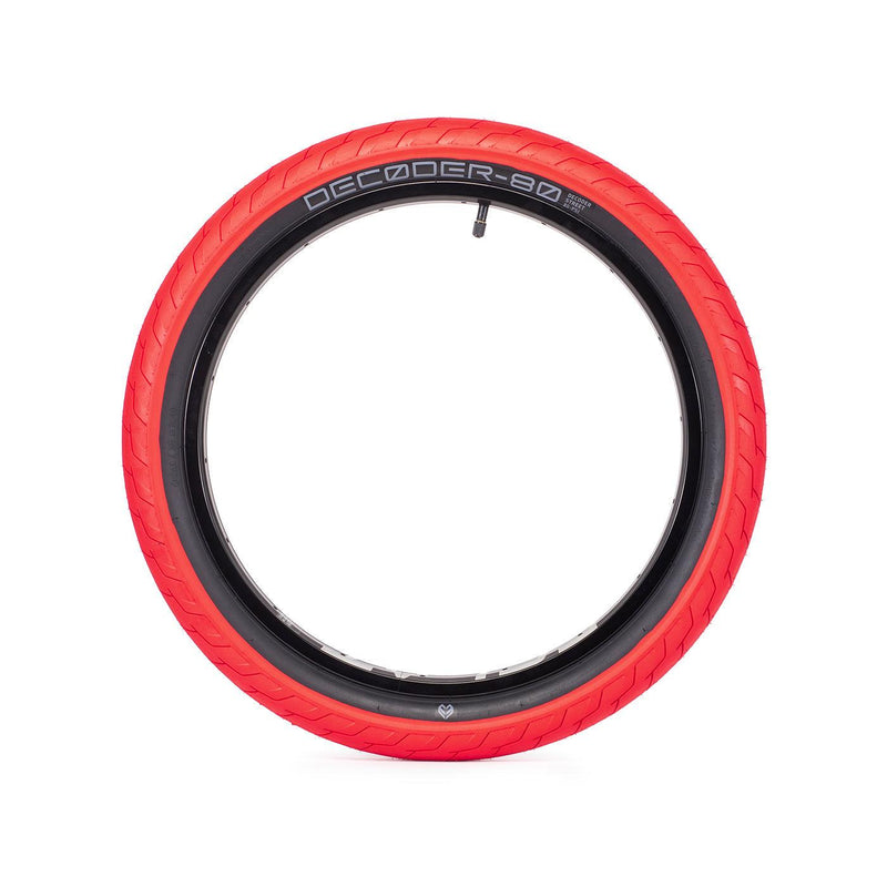 ÉCLAT DECODER TIRE street BMX tire with red tread and black sidewall, 60TPI, durable and grippy design for street riding