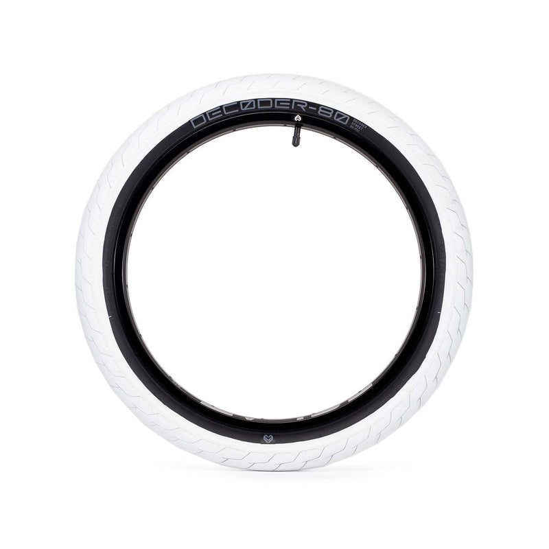 ÉCLAT DECODER TIRE white BMX street tire with black rim and low profile knurled tread pattern.