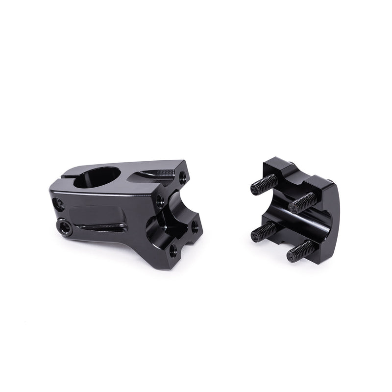 ÉCLAT Domain Front Load Stem, black CNC machined 6061-T6 alloy with 50mm reach, wider faceplate, and larger hex bolts.