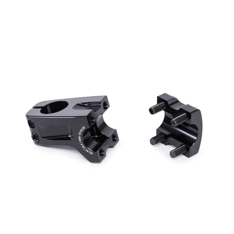 ÉCLAT DOMAIN FRONT LOAD STEM in black, CNC machined 6061-T6 alloy, showcasing 50mm reach and wide faceplate.