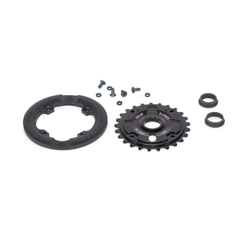 Black ÉCLAT Elevate Guard Sprocket set with nylon fiberglass bash guard and mounting hardware for BMX bike
